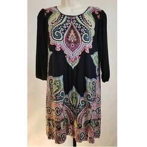 K & C 3/4-Sleeve T-Shirt Dress - Black & Muti-Color Paisley Print - Women's M